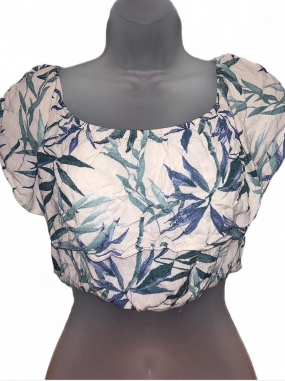 Forever 21 White Off-Shoulder Floral Crop Top with Teal and Blue Leaves